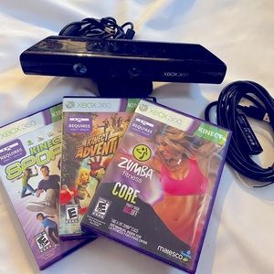 Kinect camera for Xbox 360 with games and an extension cable for the camera